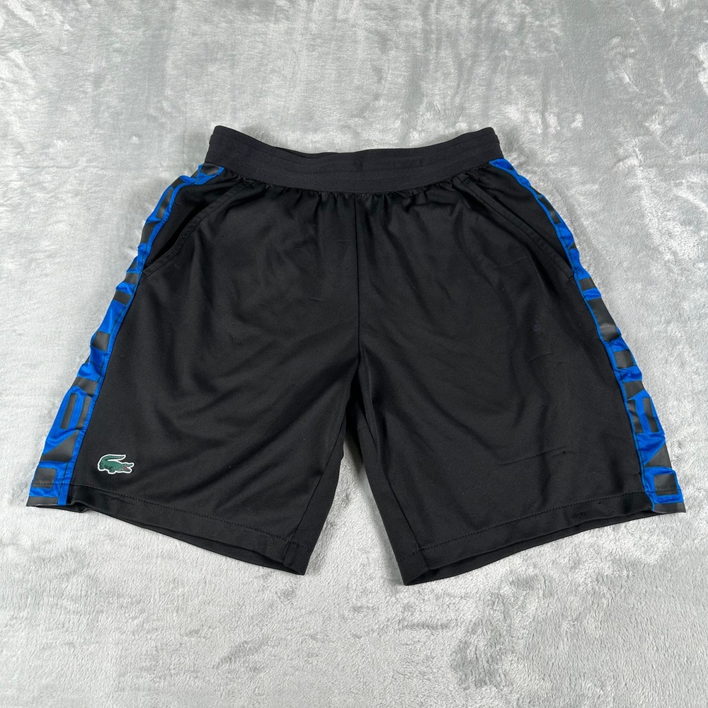 Lacoste Sport Athletic Shorts Mens Medium Black Blue Side Stripe Athleisure